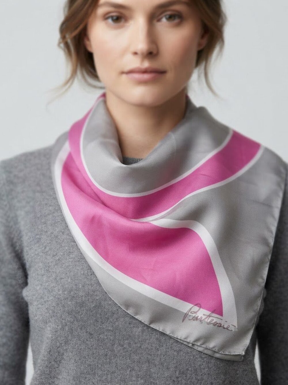 Vintage Ponte Tresa SILK Scarf PINK RIBBON Breast Cancer Grey White Hand Rolled
